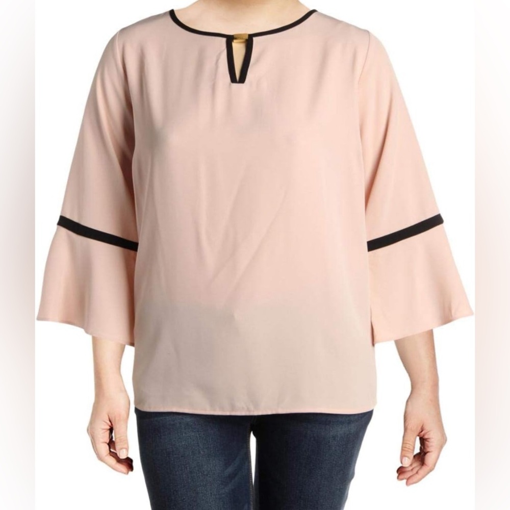CALVIN KLEIN 3/4 Flutter Sleeve Soft Pink Blouse Black Stripe Gold charm Size 1X